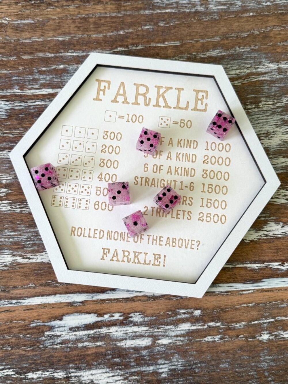 Resin Dice Set 6pcs - Pink Foil Black Dots - Handmade Replacement Dice Games - Picture 5 of 7